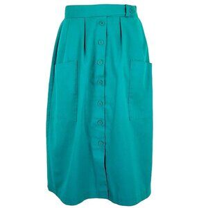 Vintage 1970s Teal A-Line Midi Skirt Button Front Large Pockets USA Made